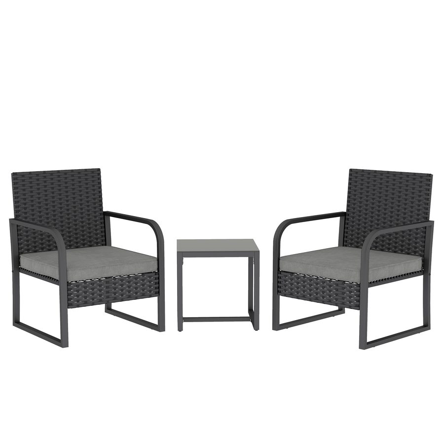 Outsunny 3-teiliges Garten-Set aus PE-Rattan und Stahl, 2 Stühle mit waschbaren Kissen und Beistelltisch mit Glasplatte, Balkonmöbel-Set für Terrasse und Hof, Dunkelgrau und Schwarz   Aosom von Outsunny