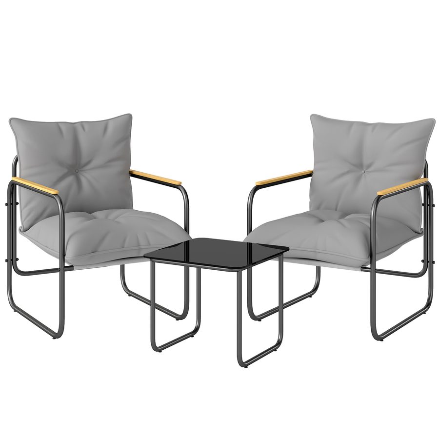 Outsunny 3-teiliges Garten Bistro Set Bistrotisch mit 2 Stühlen Glastisch Netz-Sitz dicken Kissen Holzoptik, Atmungsaktiv Bistro Gartenmöbel Balkonmöbel Set Outdoor Balkonset für Garten Terrasse   Aosom von Outsunny