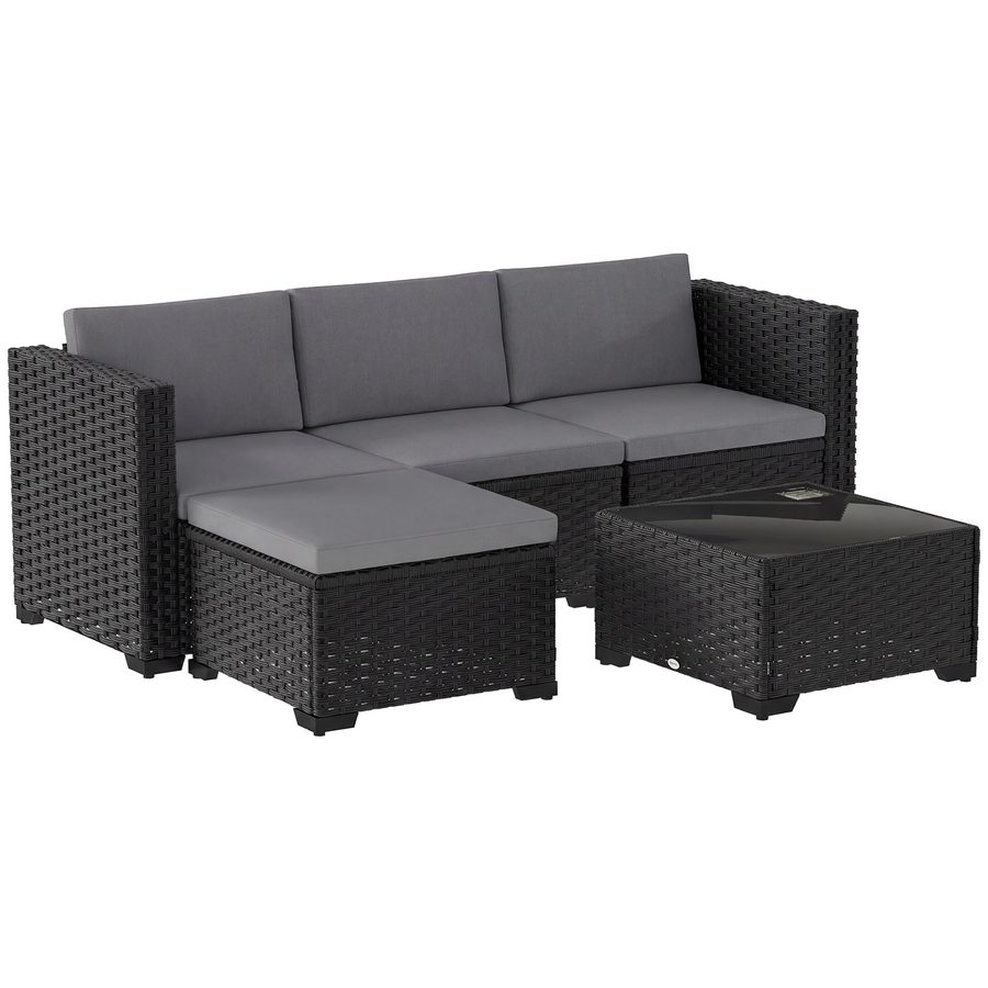 Outsunny 5-teiliges Rattan-Gartenmöbel-Set, L-förmige Garten-Sitzgruppe mit 3 Einzelsitzen, Hocker, Couchtisch mit gehärtetem Glas, Kissen, Patio-Lounge, Grau/Schwarz   Aosom von Outsunny