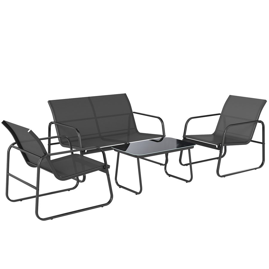 Outsunny Gartenmöbel-Set 4‑teilig – 2‑Sitzer-Sofa, 2 Sessel, Couchtisch mit gehärteter Glasplatte, atmungsaktives Textilene, Stahlrahmen, Dunkelgrau   Aosom von Outsunny
