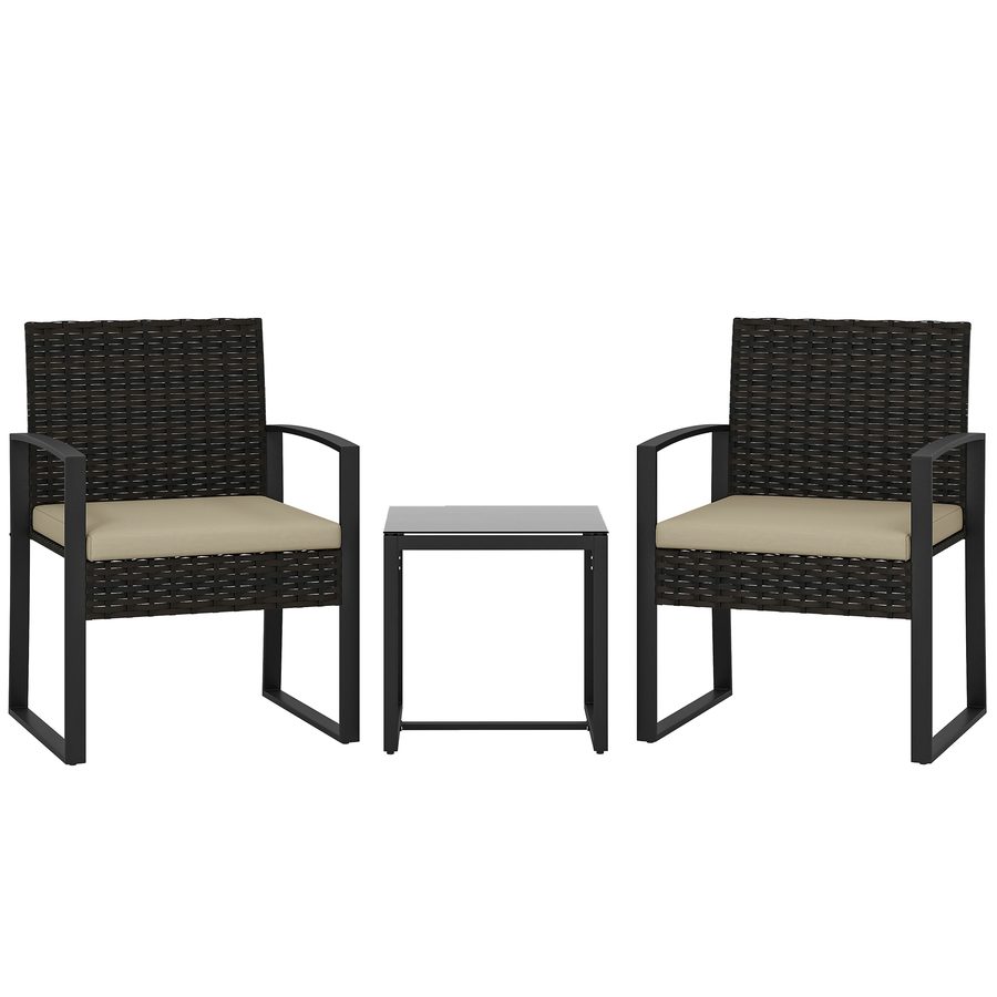 Outsunny Garten-Set aus geflochtenem Polyrattan für 2 Personen, Gartentisch mit 2 Stühlen, gehärtete Glasplatte und Kissen, Gartenmöbel für Balkon Terrasse Patio, Braun   Aosom von Outsunny