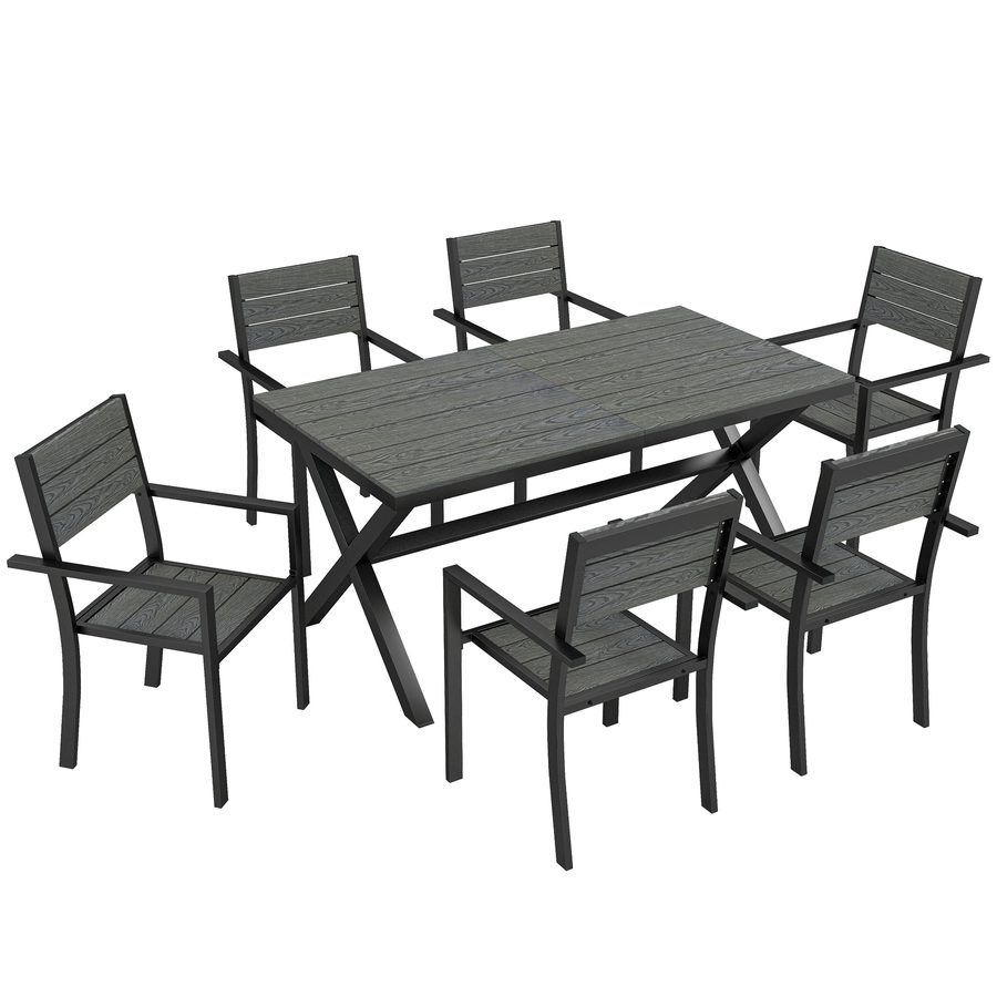 Outsunny 7-teiliges Gartenmöbel-Set, Tisch- und Stuhlset aus Aluminium für 6 Personen, Gartentisch mit Latten in Holzoptik und stapelbaren Stühlen, Grau   Aosom von Outsunny