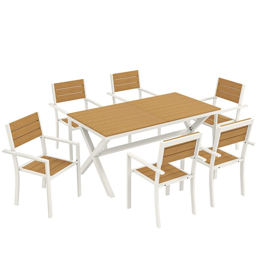 Outsunny Gartenmöbel Set Sitzgruppe 7-teilig Tisch mit 6 stapelbare Stühlen Holzoptik Aluminiumrahmen Lamellsitz, Platzsparend Essgruppe wetterfest Gartengarnitur Gartenset für Garten Terrasse Teak   Aosom von Outsunny