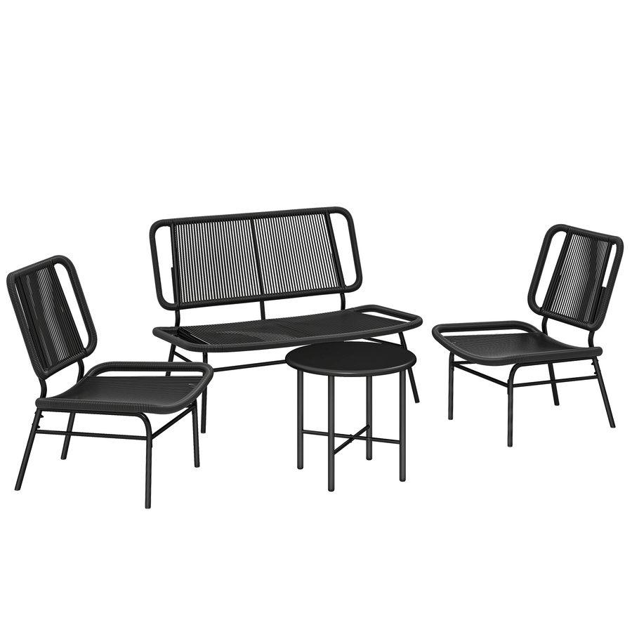 Outsunny 4-teiliges Garten-Loungeset aus Rattan, Gartenmöbel-Set mit 2-Sitzer-Sofa, 2 Stühlen, Couchtisch mit Metallplatte, Stahlgestell, Außenlounge für Balkon, Schwarz   Aosom von Outsunny