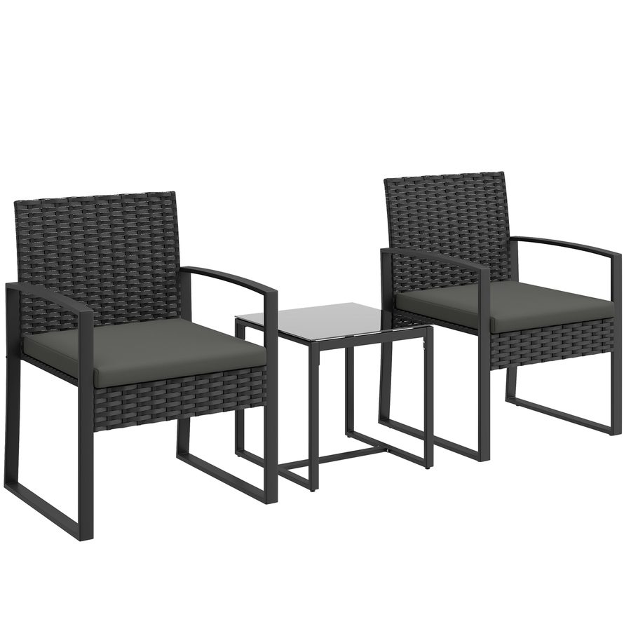 Outsunny Rattan Bistroset, 3 teiliges Gartenmöbel-Set mit 2 Gartenstühlen, Couchtisch, abnehmbar Kissen, Balkonmöbel-Set Sitzgruppe Gartengarnitur für Garten, Terrasse, Dunkelgrau   Aosom von Outsunny