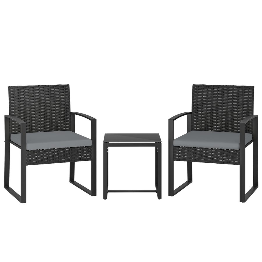 Outsunny 3-teiliges Garten-Set, Rattan-Gartenmöbel mit 2 Stühlen mit waschbaren Kissen und Tisch mit gehärteter Glasplatte, witterungsbeständig, für Balkon, Terrasse, Hellgrau   Aosom von Outsunny