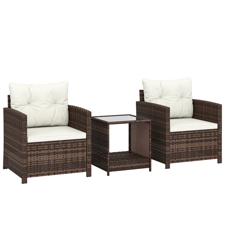Outsunny Rattan Bistroset, 3 teiliges Gartenmöbel-Set mit 2 Sessel, 2-Ebene Glastisch, abnehmbar Sitzkissen, Balkonmöbel-Set Sitzgruppe Gartengarnitur für Garten, Terrasse, Cremeweiß   Aosom von Outsunny