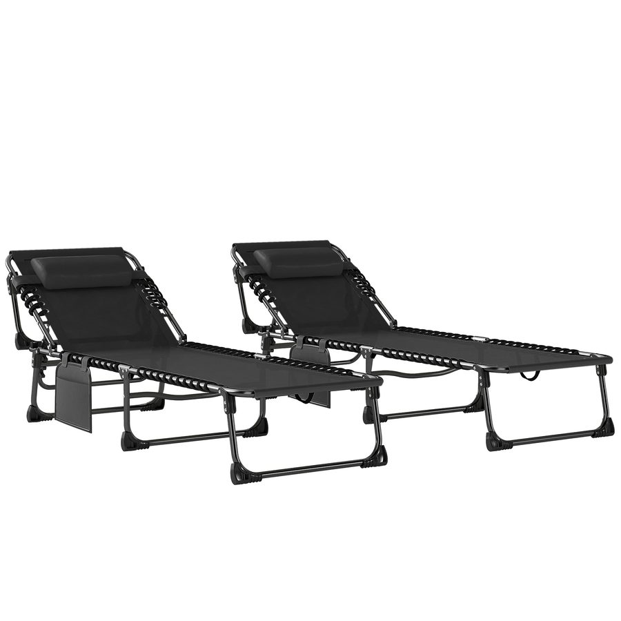 Outsunny Set mit 2 Garten-Sonnenliegen, klappbar & in 5 Stufen verstellbar, mit Kopfkissen, Gartenliege aus Textilene mit Seitentasche, Griff, für Strand & Pool, 57x200x38 cm, Schwarz   Aosom von Outsunny