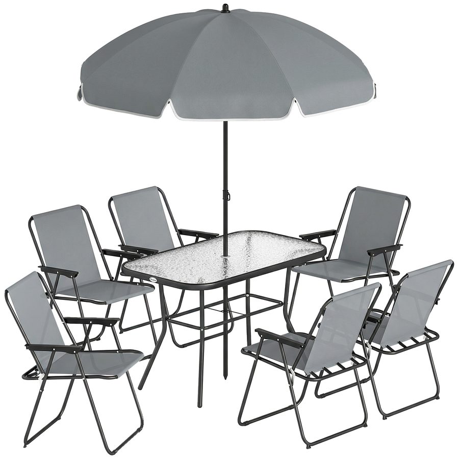 Outsunny Gartenmöbel Set Sitzgruppe 8-teilig 119 x 68cm Glastisch mit 6 Klappstühlen Sonnenschirm Wasserwellenmuster, Atmungsaktive Essgruppe Gartenset Gartengarnitur für Garten Terrasse Grau   Aosom von Outsunny