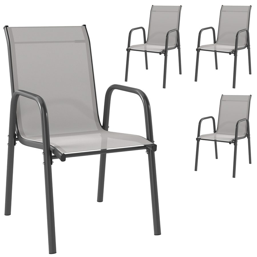 Outsunny Gartenstühle 4er Set Stapelbare Terrassenstühle mit Atmungsaktive Rücken, Armlehnen, wetterfest Balkonstühle 120 kg Belastbar Stapelstühle für Garten Balkon Terrasse 51 x 69 x 87 cm Hellgrau   Aosom von Outsunny