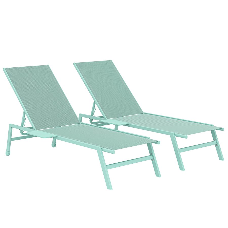 Outsunny Set mit 2 Garten-Sonnenliegen mit Seitentisch, Rückenlehne in 5 Stufen verstellbar, Gartenliegen aus Texteline mit 2 Rollen, für Strand, Pool, Terrasse, 74x190x35 cm, Grün   Aosom von Outsunny