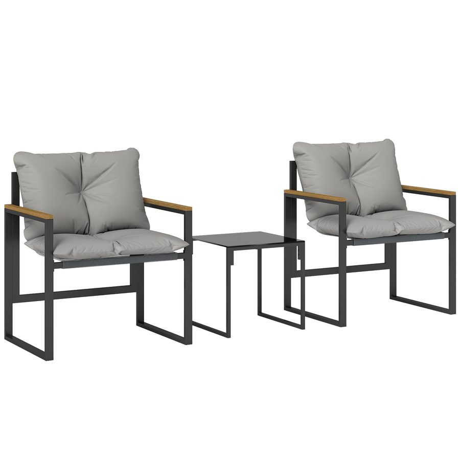 Outsunny Gartenmöbel-Set 3-teilig für 2 Personen mit 2 Sesseln und 1 Beistelltisch, Garten-Set mit gehärteter Glasplatte und dicken Kissen, Metall und Textilene, für Balkon, Terrasse, Patio, grau   Aosom von Outsunny