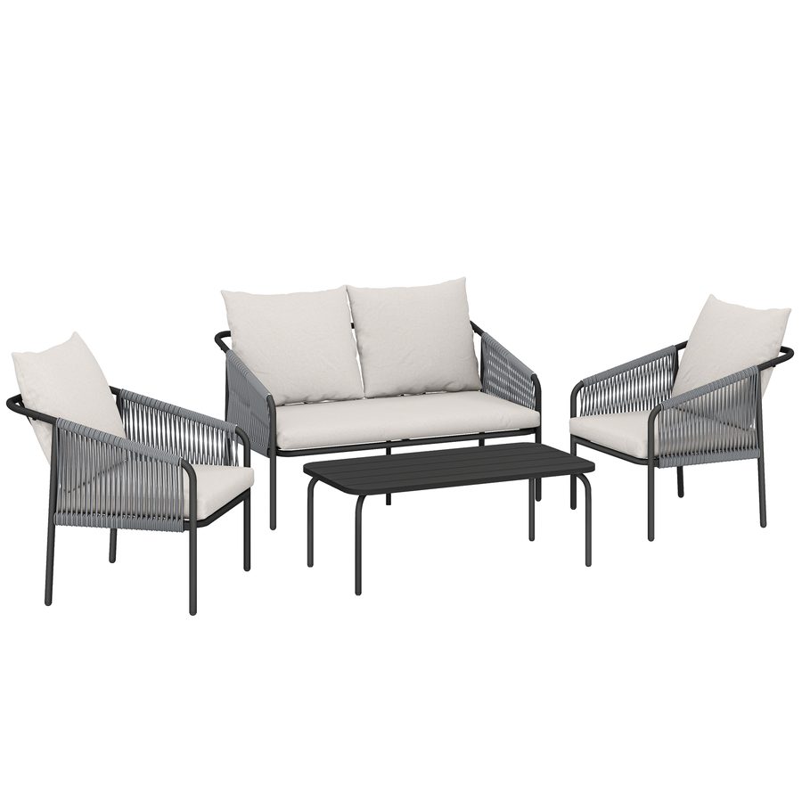 Outsunny Gartenmöbel Set 4-teilig Polyrattan Lounge-Set mit Zweisitzer 2 Sessel Couchtisch abnehmbare Kissen Bindebändern Stahlrahmen, Balkonmöbel für 4 Personen Sitzgruppe für Garten Balkon Khaki   Aosom von Outsunny