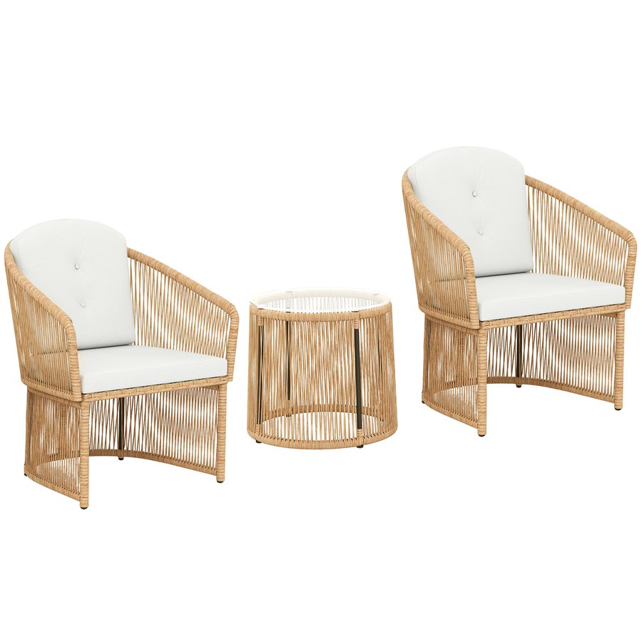 Outsunny Polyrattan Gartenmöbel Set, Outdoor Lounge Balkonmöbel mit Kissen für 2 Personen, 3-teilig wetterfest Sitzgruppe mit 2 Stühle, rundem Glastisch für Garten, Terrasse Balkon, Cremeweiß   Aosom von Outsunny