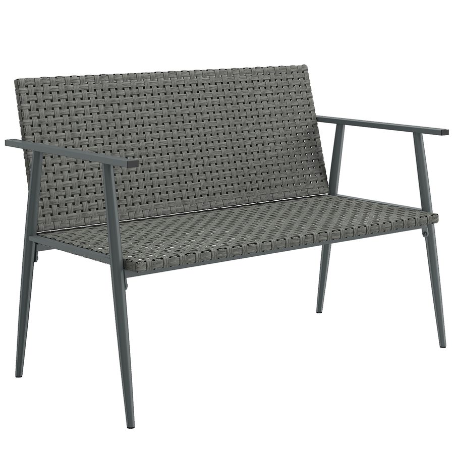 Outsunny 2‑sitzige Gartenbank aus Polyrattan mit Armlehnen, Rückenlehnen und verstellbaren Füßen, feuerverzinkter Stahlrahmen, Gartenbank für Terrasse Balkon Garten, Grau   Aosom von Outsunny