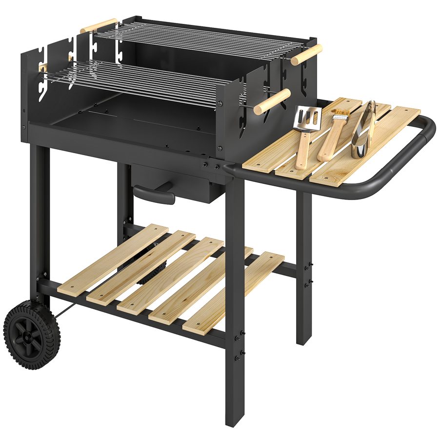 Outsunny Holzkohlegrill Grillwagen mit 4-fach höhenverstellbarer Grillrost 2 Holzablage 2 Räder Aschebehälter, fahrbar Holzkohle Grill 10 Personen für Terrasse Picknick Party 99,5 x 58 x 82 cm Schwarz   Aosom von Outsunny