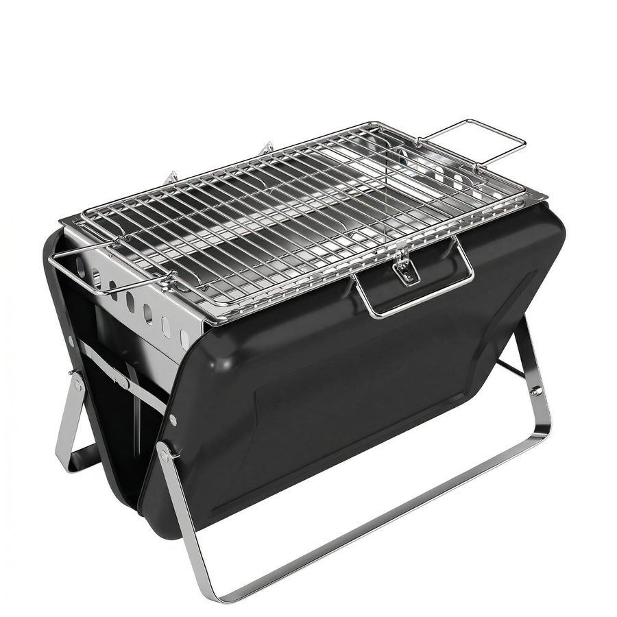 Outsunny Holzkohlegrill aus Edelstahl BBQ Smoker mit Grillrost Holzkohle Grill mit Griff klappbaren Beinen, Kohlegrill Standgrill für Barbeque Camping Terrasse Garten 40 x 28 x 25,5 cm Schwarz   Aosom von Outsunny