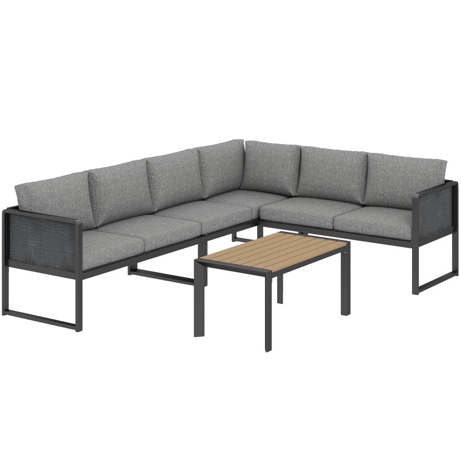 Outsunny Eck-Loungeset modular für 6 Personen, Sofas, Latten-Couchtisch mit Holzeffekt, Kissen, Metallgestell und Textilene, Gartenmöbel für Terrasse Balkon, dunkelgrau   Aosom von Outsunny