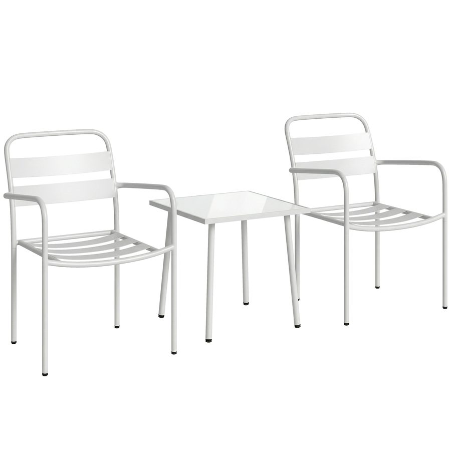 Outsunny Bistroset 3 teiliges Metall Gartenmöbel-Set mit 2 Gartenstühlen, Glastisch, Lamellen-Design, Rostbeständig Balkonmöbel-Set Sitzgruppe Gartengarnitur für Garten, Terrasse, Weiß   Aosom von Outsunny