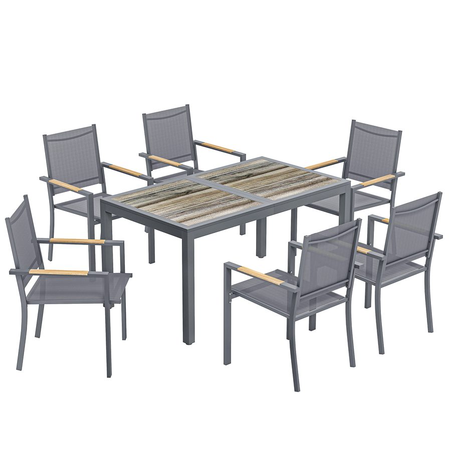Outsunny 7-teiliges Außen-Essset, Tisch und 6 stapelbare Stühle, Tischplatte in Holzoptik, Atmungsaktives Gewebe, Dunkelgrau   Aosom von Outsunny