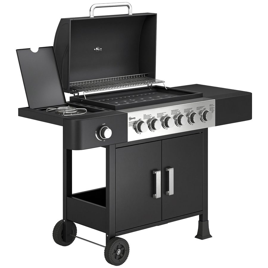 Outsunny Gasgrill 17,8 KW 6+1 Brenner BBQ Grillwagen aus Edelstahl inkl Rolle Seitenbrenner Thermometer Emaille-Grillrost Warmhalterost Seitentisch Unterschrank, Gas-Grill für Balkon BBQ Party   Aosom von Outsunny