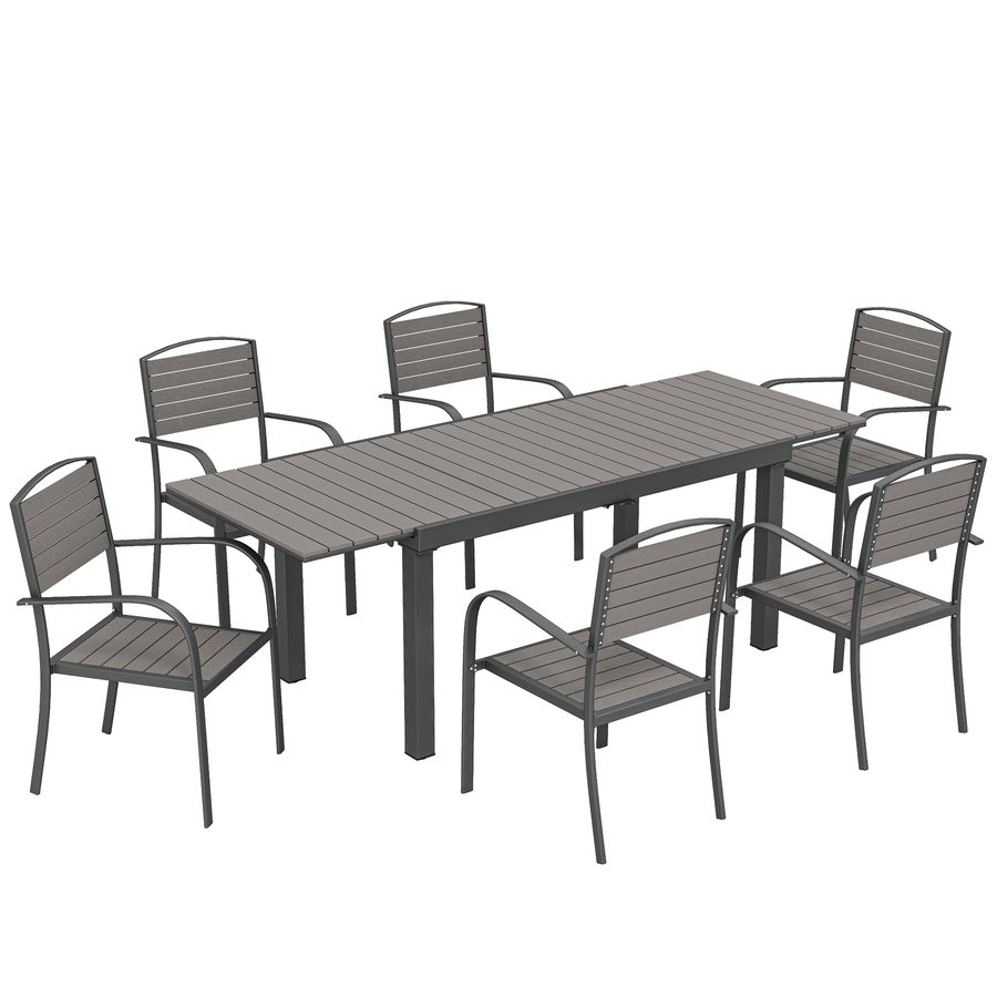 Outsunny Gartenessgruppe, sitzgarnitur garten, 6 Personen, Ausziehbar Tisch mit 6 Stühlen, Holzoptik, Wetterfest, Aluminiumrahmen, Grau   Aosom.de von Outsunny