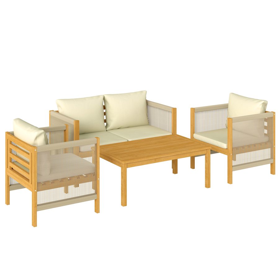 Outsunny Gartenmöbel Set Holz Sitzgruppe für 4 Personen Gartenlounge mit 2er Sofa 2 Sessel Tisch Seilflecht Lamellendesign waschbar Kissen, Outdoor Balkonmöbel Terrassenmöbel für Garten Balkon Beige   Aosom von Outsunny