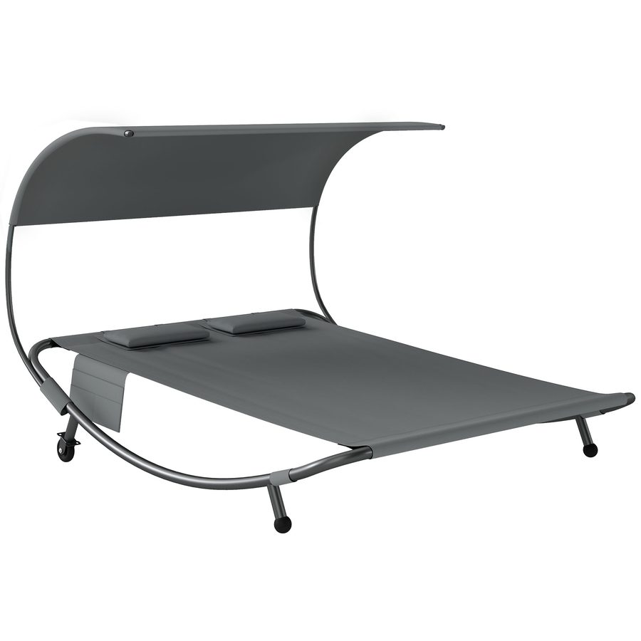 Outsunny Doppel-Sonnenliege mit abnehmbarem Verdeck, Gartenliege für 2 Personen in Texteline mit Rollen, 2 Kissen, Taschen, Stahlrahmen, für Terrasse Pool, max. 240 kg, Grau   Aosom von Outsunny