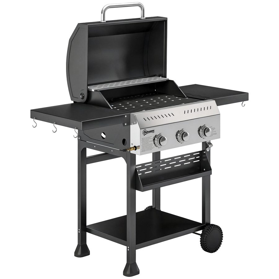 Outsunny Gasgrill 9 KW 3 Brenner BBQ Grillwagen Edelstahl inkl klappbar Seitentisch Gewürzhalter Unterregal 6 Haken Thermometer Emaille-Grillrost Warmhalterost Rolle Gas-Grill für Balkon Party   Aosom von Outsunny