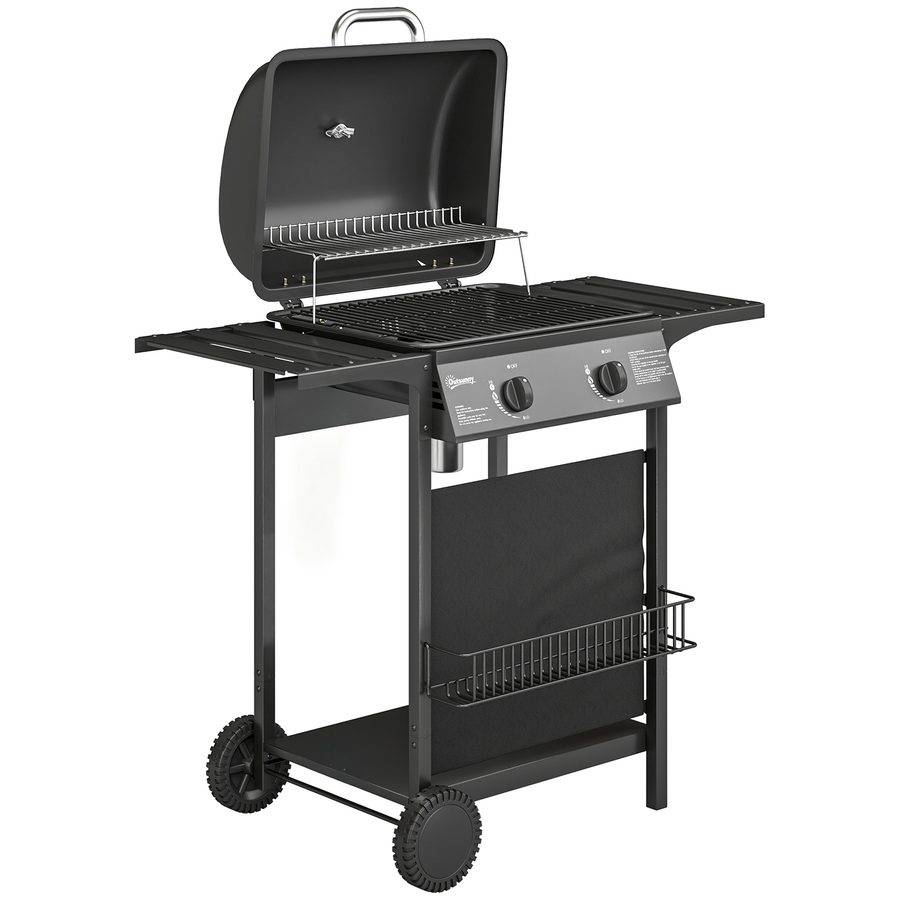 Outsunny Gasgrill 5 KW 2 Brenner BBQ Grillwagen Edelstahl inkl Seitentisch Unterkorb Frontabdeckung Thermometer Emaille-Grillrost Warmhalterost Fettauffangschale, Gas-Grill mit Rolle für Balkon Party   Aosom von Outsunny