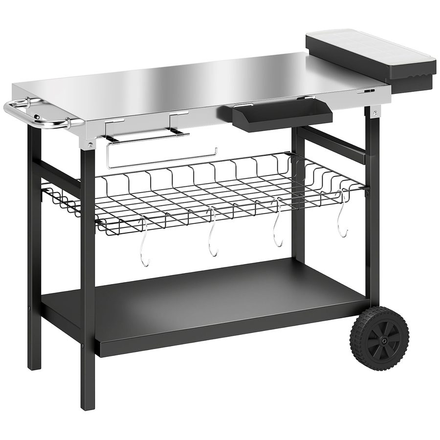Outsunny Servierwagen für Garten mit 3 Ebenen, Edelstahl-Arbeitsfläche, abnehmbarem Korb, offenen Regalen, Gewürzbox, 2 Rädern, 4 Haken, seitlichem Griff, Grillwagen für Plancha, Schwarz   Aosom von Outsunny