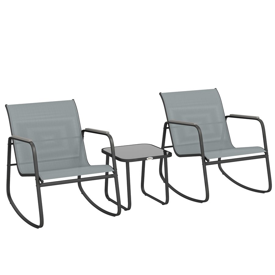 Outsunny 3-teiliges Terrassen-Set, Gartenmöbel für draußen mit 2 Schaukelstühlen, Tisch mit Glasplatte und Stahlgestell, für Terrasse, Balkon, Grau   Aosom von Outsunny