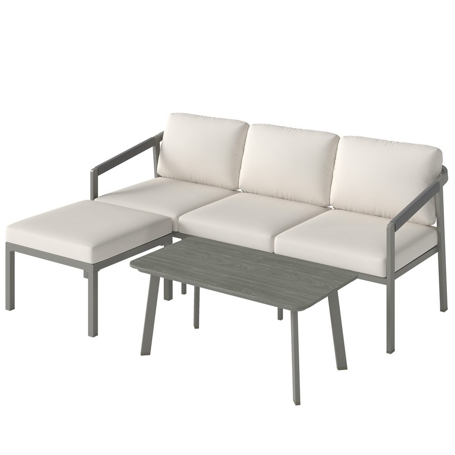 Outsunny 3-teiliges Gartenmöbel-Set für Außenbereich – L-förmiges Ecksofa mit 3-Sitzer, Fußhocker, Latten-Couchtisch und 10 cm Kissen für Terrasse & Garten, Braun und Beige   Aosom von Outsunny