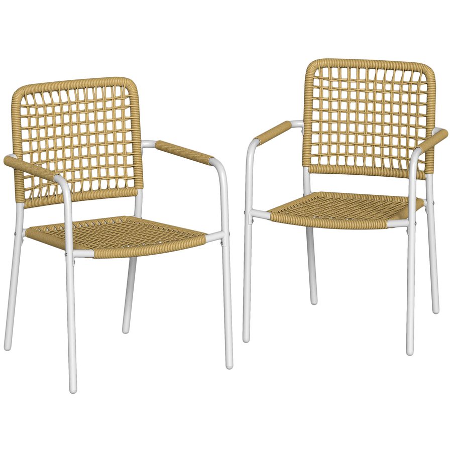 Outsunny 2er-Set Gartenstühle aus geflochtenem Resin, stapelbare Stühle mit Armlehnen & Rückenlehne, Gartenstuhl für Balkon Terrasse Patio, Gelb   Aosom von Outsunny