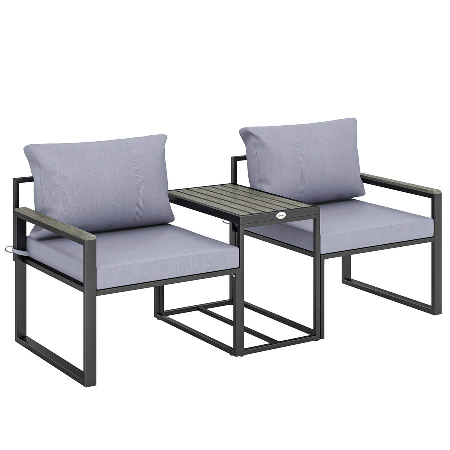 Outsunny 3-teiliges Balkonmöbel Set 2 Sessel mit Tisch abnehmbar Sitz-& Rückenkissen atmungsaktiv Bezug, Garten Bistro Set Gartenmöbel aus Stahl, Outdoor Sitzgruppe für Garten Terrasse Grau   Aosom von Outsunny