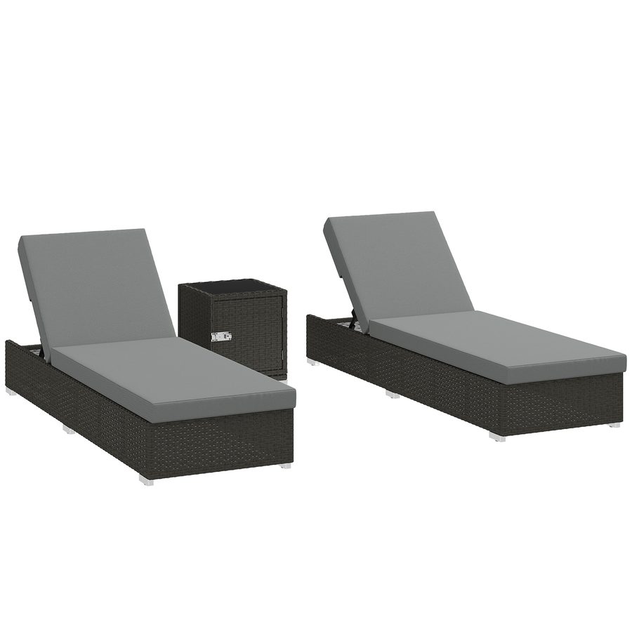 Outsunny 2er-Set Sonnenliegen aus Rattan mit Beistelltisch aus Sicherheitsglas, Gartenliege mit 6-stufig verstellbarer Rückenlehne, Kissen, für Strand Pool Terrasse, Dunkelgrau   Aosom von Outsunny