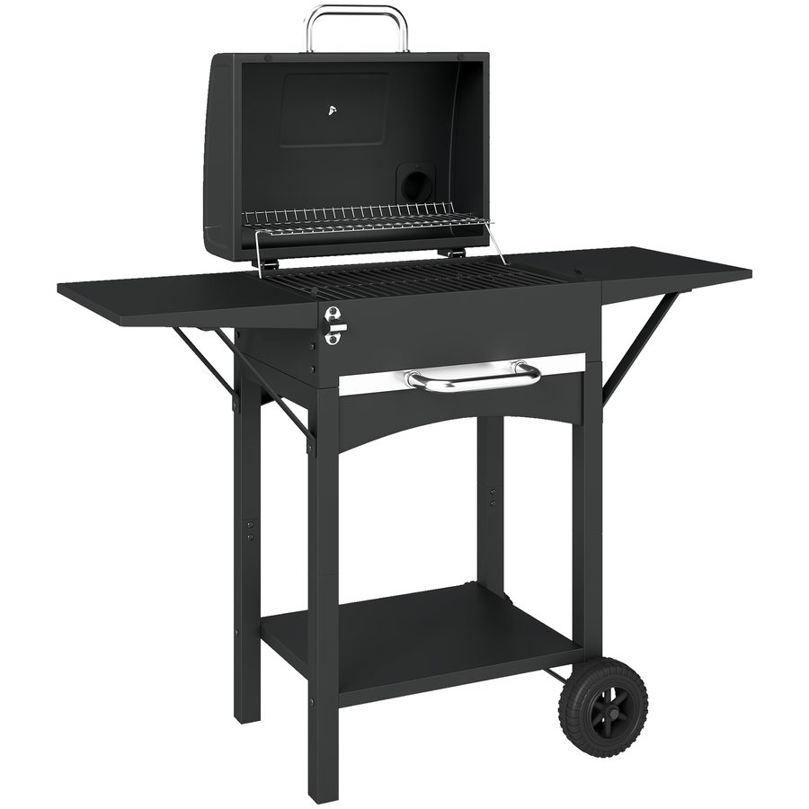 Outsunny Holzkohlegrill mit Deckel, BBQ Smoker Grill mit 2 Seitentischen Große Grillfläche Grillrost Thermometer Räder, Grillwagen Standgrill Kohlegrillwagen 110 x 46,5 x 101 cm Schwarz   Aosom von Outsunny