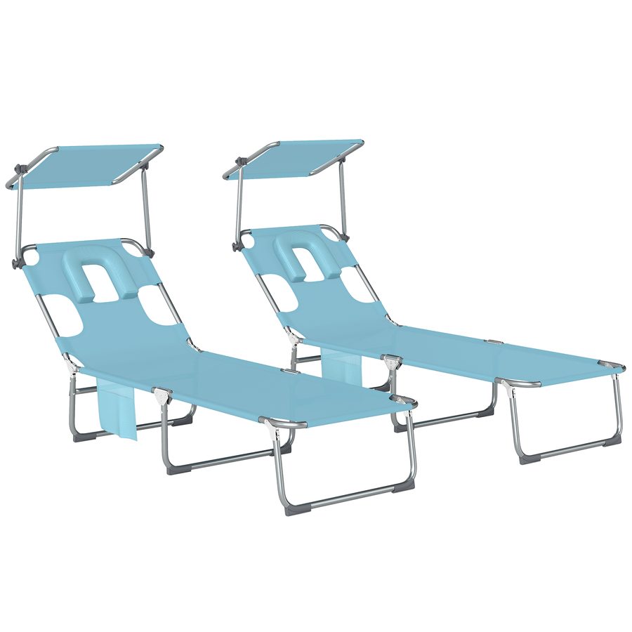 Outsunny Set mit 2 Gartenliegen für Außenbereich, klappbare Liegen mit Nackenstütze, 360° Sonnendach, Gesichtsöffnung, Seitentasche, 5-fach verstellbare Rückenlehne und Textilene 550 g/m² für Strand, Blau   Aosom von Outsunny