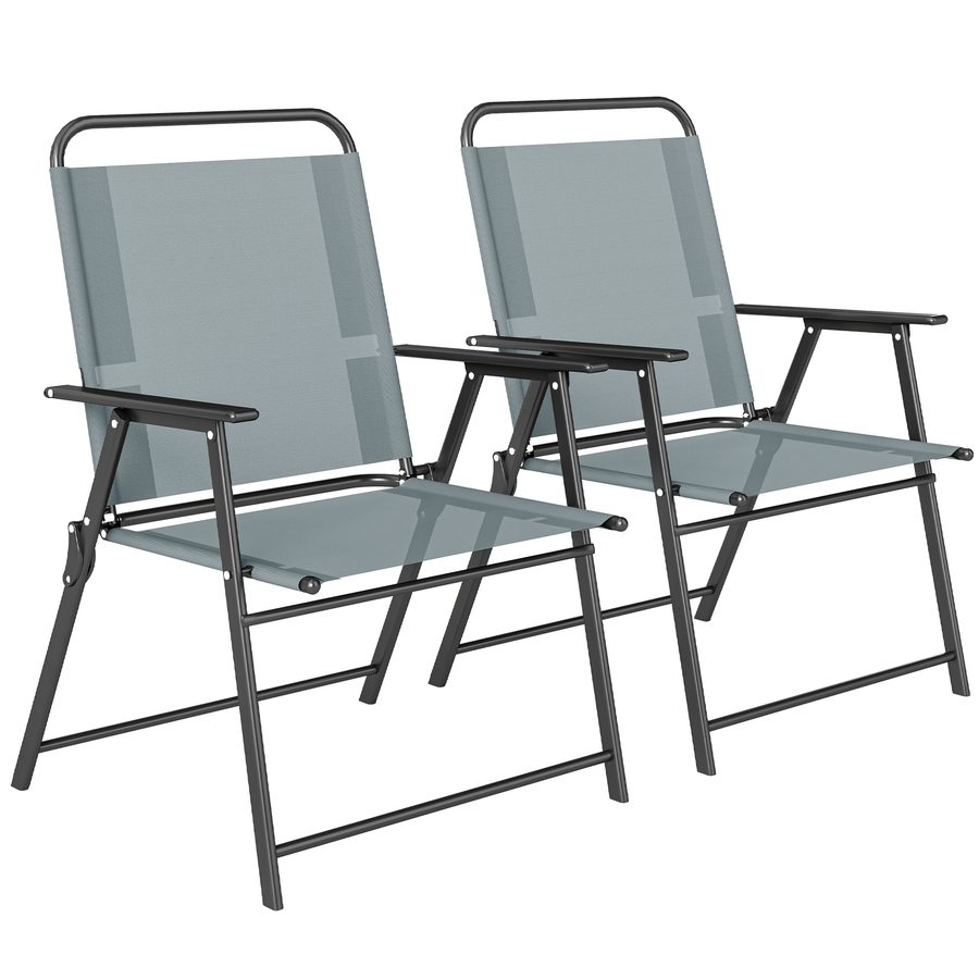 Outsunny Set mit 2 klappbaren Gartenstühlen, Outdoor-Essstühle mit Netzsitz, hohe Rückenlehne und Armlehnen, Outdoor-Stuhl für Terrasse, Balkon, Strand, Grau   Aosom von Outsunny