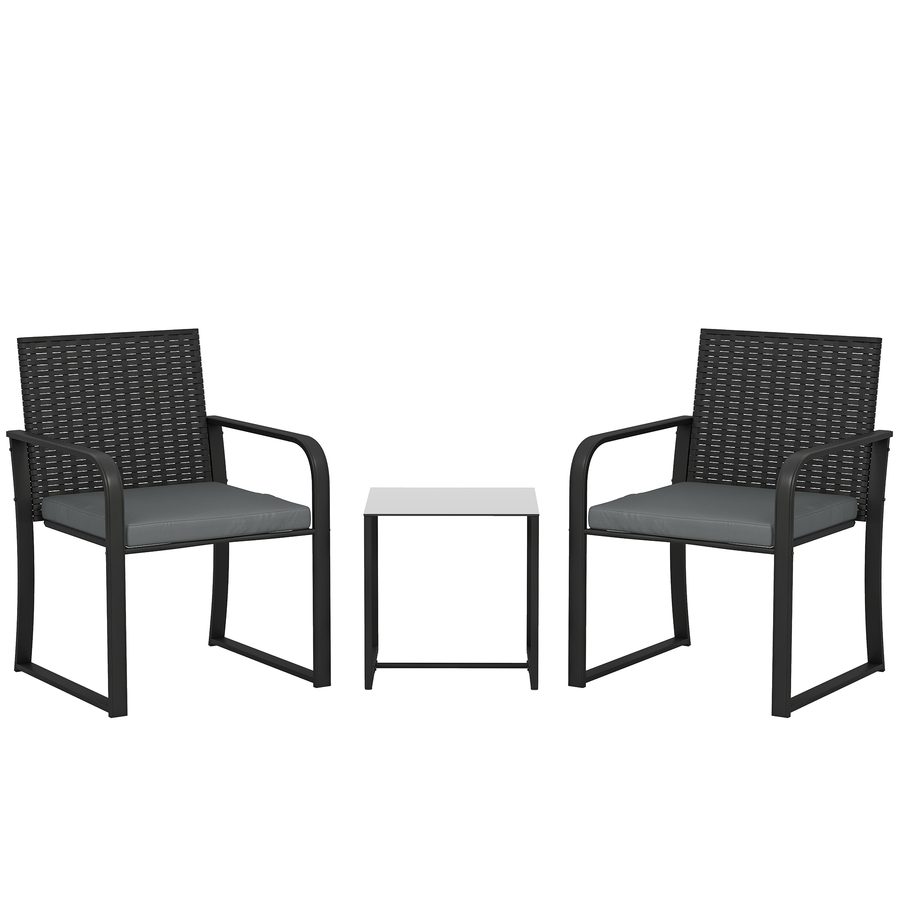 Outsunny 3-teiliges Garten-Set, Rattan-Gartenmöbel mit 2 Stühlen inkl. Kissen, Textilene-Sitz und Tisch mit gehärteter Glasplatte, witterungsbeständig, für Balkon/Patio, Grau   Aosom von Outsunny