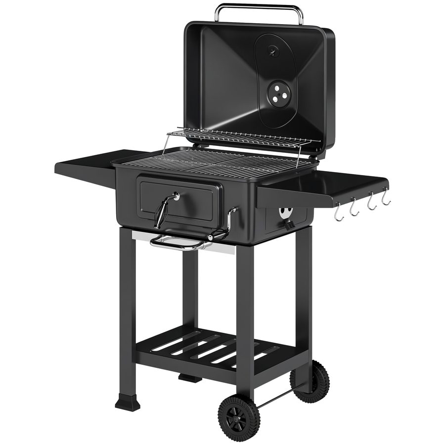 Outsunny Holzkohlegrill BBQ Smoker mit Deckel Thermometer höhenverstellbar Kohlepfanne Grillrost Seitentisch Aschefach Lüftungsschlitzen, Grillwagen mit Räder Kohlegrillwagen für Camping Garten   Aosom von Outsunny