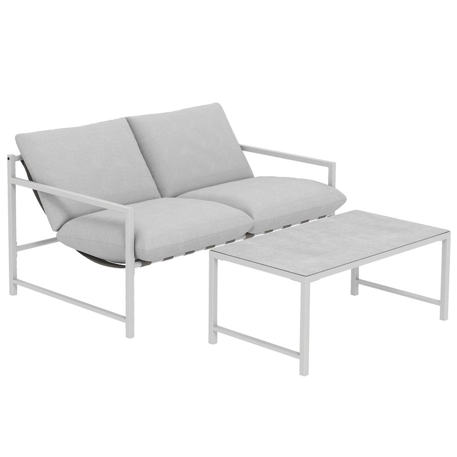 Outsunny 2-teiliges Garten-Lounge-Set, 2-Sitzer-Sofa mit 2 Kissen und Couchtisch mit 3D-marmorierter gehärteter Glasplatte, Gartenmöbel für Terrasse Balkon Garten, Stahl, Hellgrau   Aosom von Outsunny