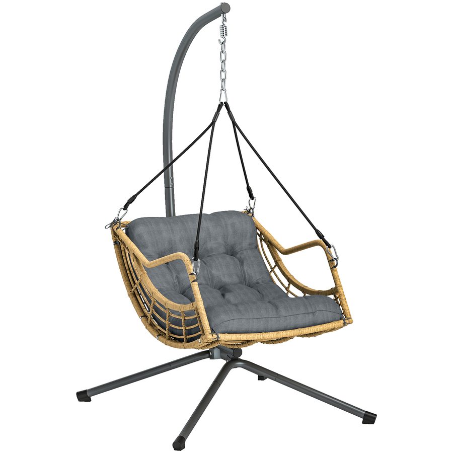 Outsunny Hängesessel aus Polyrattan mit Gestell, Hängestuhl, Schaukelstuhl mit Kissen und Sicherheitsbefestigung, höhenverstellbar, Stahlgestell, Innen & Außen, grau   Aosom von Outsunny