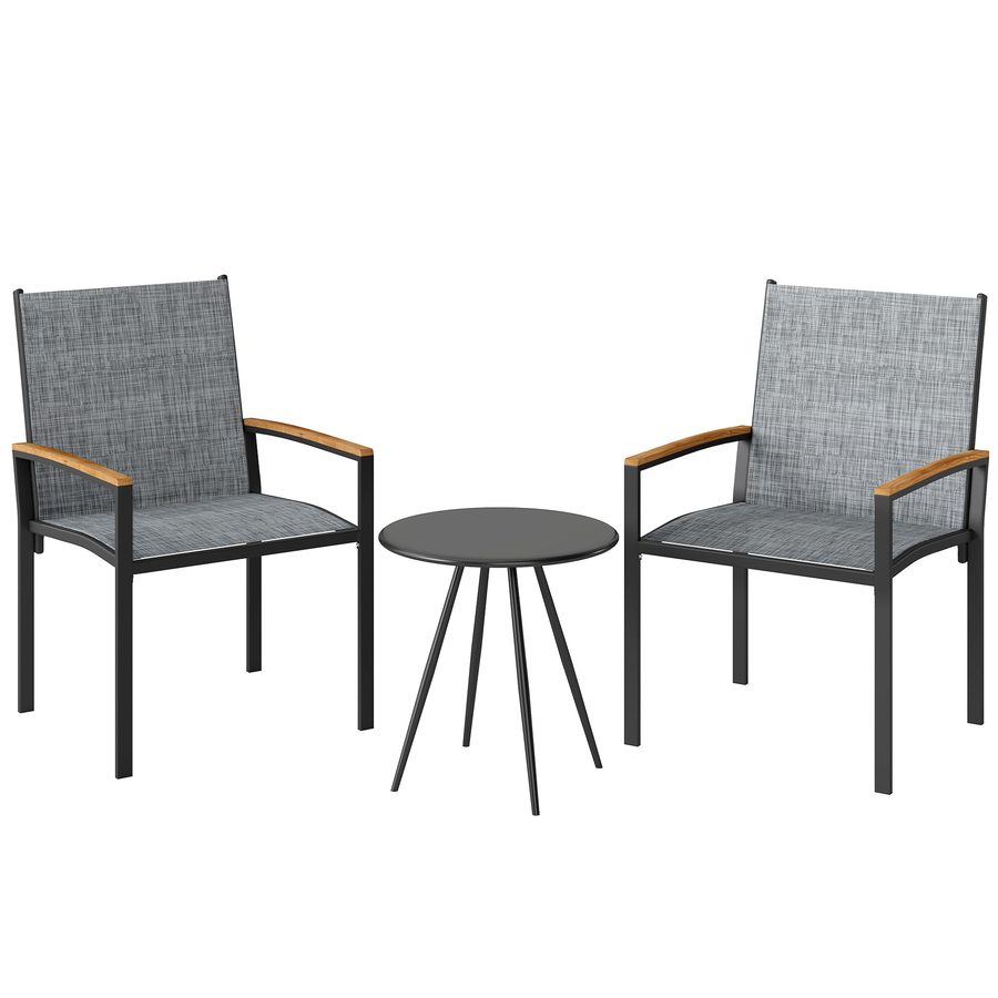 Outsunny 3-teiliges Bistro-Set, Garten-Set mit 2 Texteline-Stühlen, Tisch mit Metallplatte, dekorative Armlehnen, Gartenmöbelset aus Stahl für Patio Balkon Terrasse, Mischgrau   Aosom von Outsunny