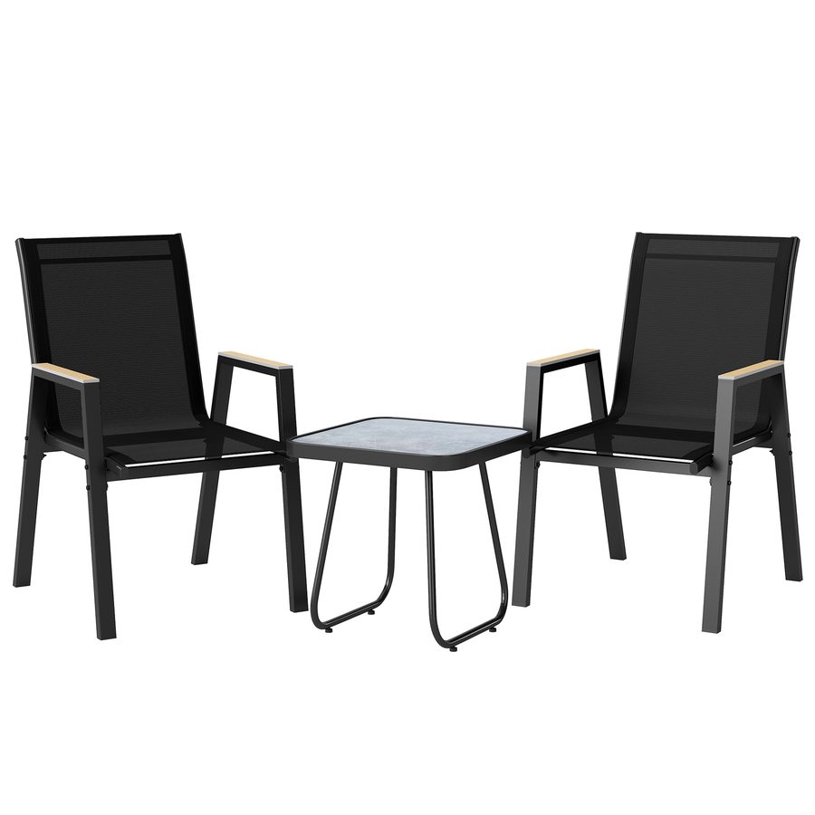 Outsunny Balkonmöbel Set 3 teilig Gartenmöbel Set mit Tisch 2 Stühle Atmungsaktiv Sitz Holzmaserung, Rutschfest Balcony Furniture Sitzgruppe für Garten Balkon Schwarz   Aosom von Outsunny