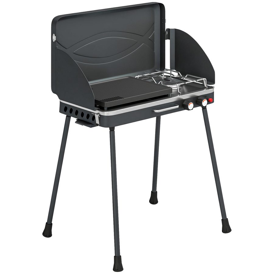 Outsunny Tragbarer Gasgrill 2 Brenner 7 kW 2-in-1 Tischgrill mit Braten klappbar Beine Grillrost Windschutz Deckel Verschluss Antihaftbeschichtung, Campinggrill Outdoor Tischgasgrill für BBQ Camping   Aosom von Outsunny