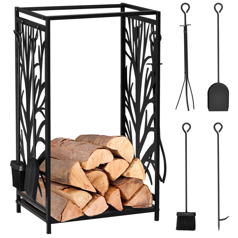 HOMCOM Kaminholzständer mit Kaminbesteck, Brennholzregal Feuerholzablage aus Stahl Schwarz 46 x 30 x 70 cm für gemütliche Abende   Aosom.de von HOMCOM