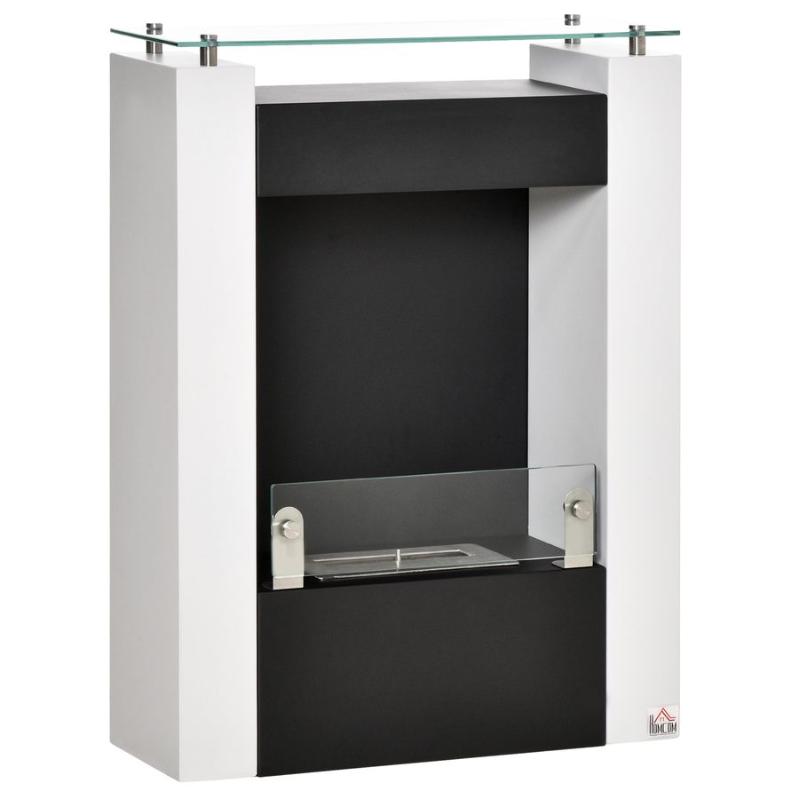 HOMCOM Ethanol-Kamin Bio-Ethanol-Brenner 2000W 1,5L 3 Std Brenndauer freistehend aus Stahl Edelstahl gehärtetes Glas in Weiß und Schwarz 60x20x79cm   Aosom.de von HOMCOM