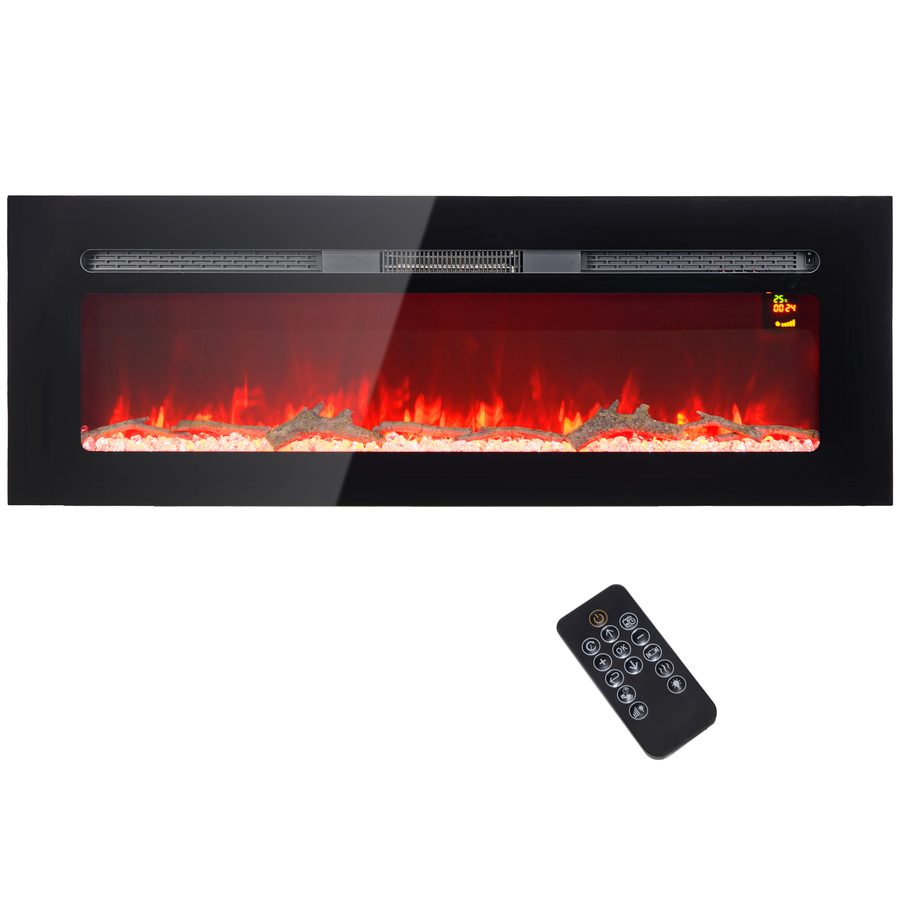 HOMCOM Elektrokamin, Wandkamin mit Heizung 1800 W, LED 3D-Flammeneffekt, Kristalle, in 3 Farben mit 5 Helligkeitsstufen, Elektrischer Kamin mit Fernbedienung, Timer, Touchscreen, Wandmontage, Schwarz   Aosom von HOMCOM