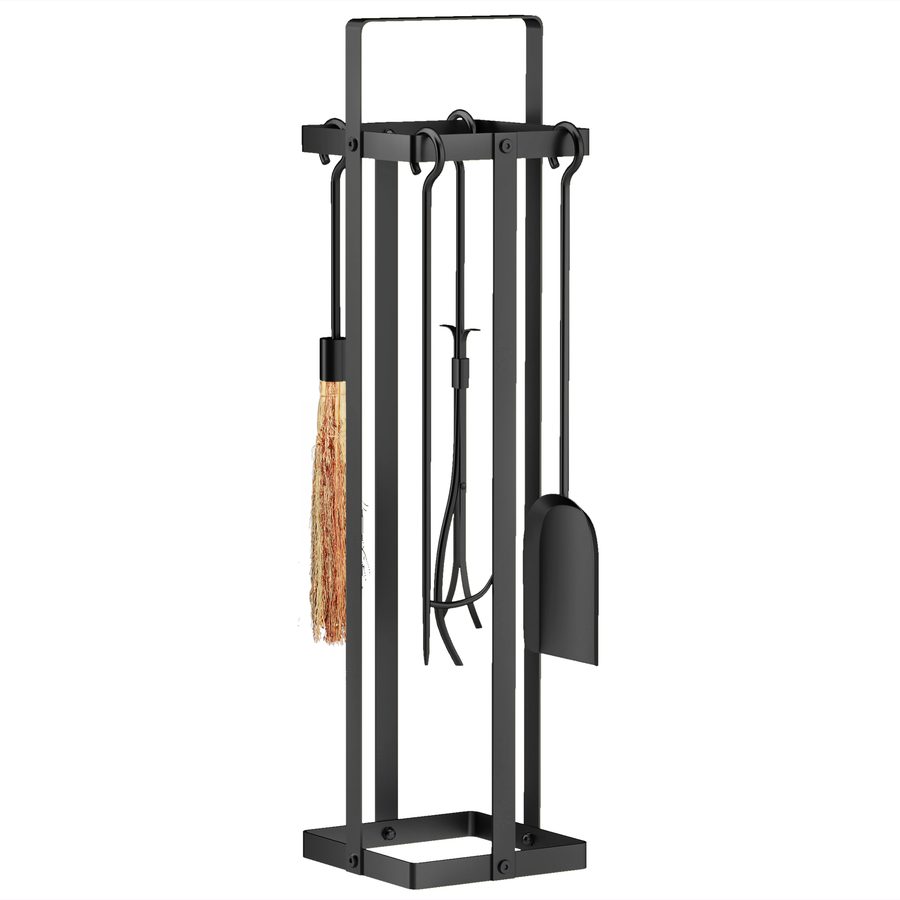 Outsunny Kaminbesteck-Set, 5-teilig, Kaminzubehör, Besen Schaufel Zange Poker Ständer, Metall, Schwarz   Aosom von Outsunny
